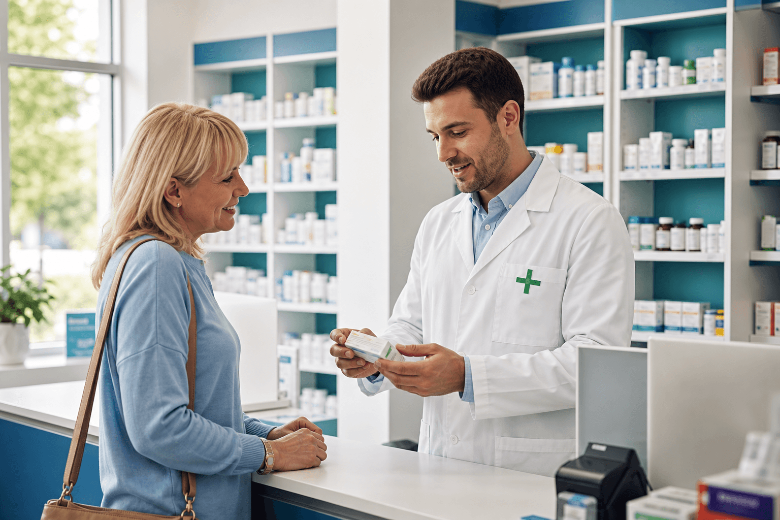 Pharmacist supporting a patient at the counter